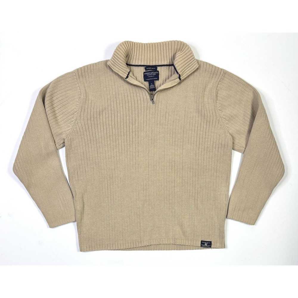 American Eagle Pullover Men's XL Vintage Slim Fit Beige Quarter Zip Rib